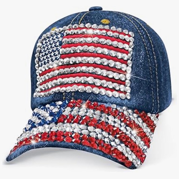 American Flag Rhinestone bling distressed Denim baseball Cap new - Picture 1 of 2